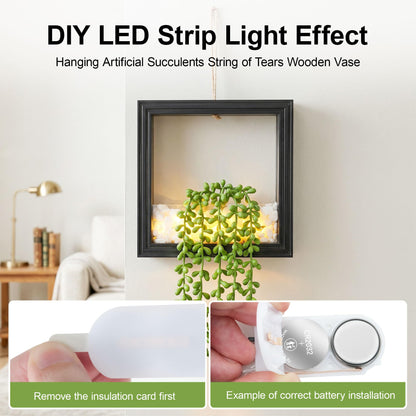 FancyPlus 2 Pack Fake Plants Hanging, Artificial Succulents Plants in Square Wooden Frame with LED Lights, Boho Wall Decor for Office Living Room Bathroom Bedroom Kitchen Indoor Outdoor, Black