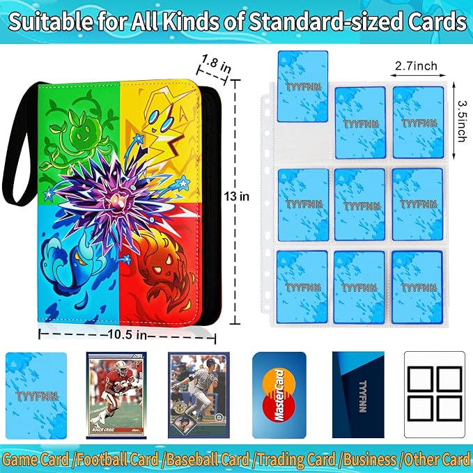 9 Pocket Card Binder for Cards, Trading Card Binder Fits 900 Cards with 50 Removable Sleeves, Zipper Card Holder Case Album Book for Boys Girls