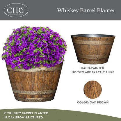 Classic Home & Garden by Growscape Whiskey Barrel Planters, Wooden Finish Flower Planter Pot, Stylish Garden Pots, Indoor Outdoor Resin Planters, Weather-Resistant Plant Pot (20.5" Oak Brown, 1-Pack)