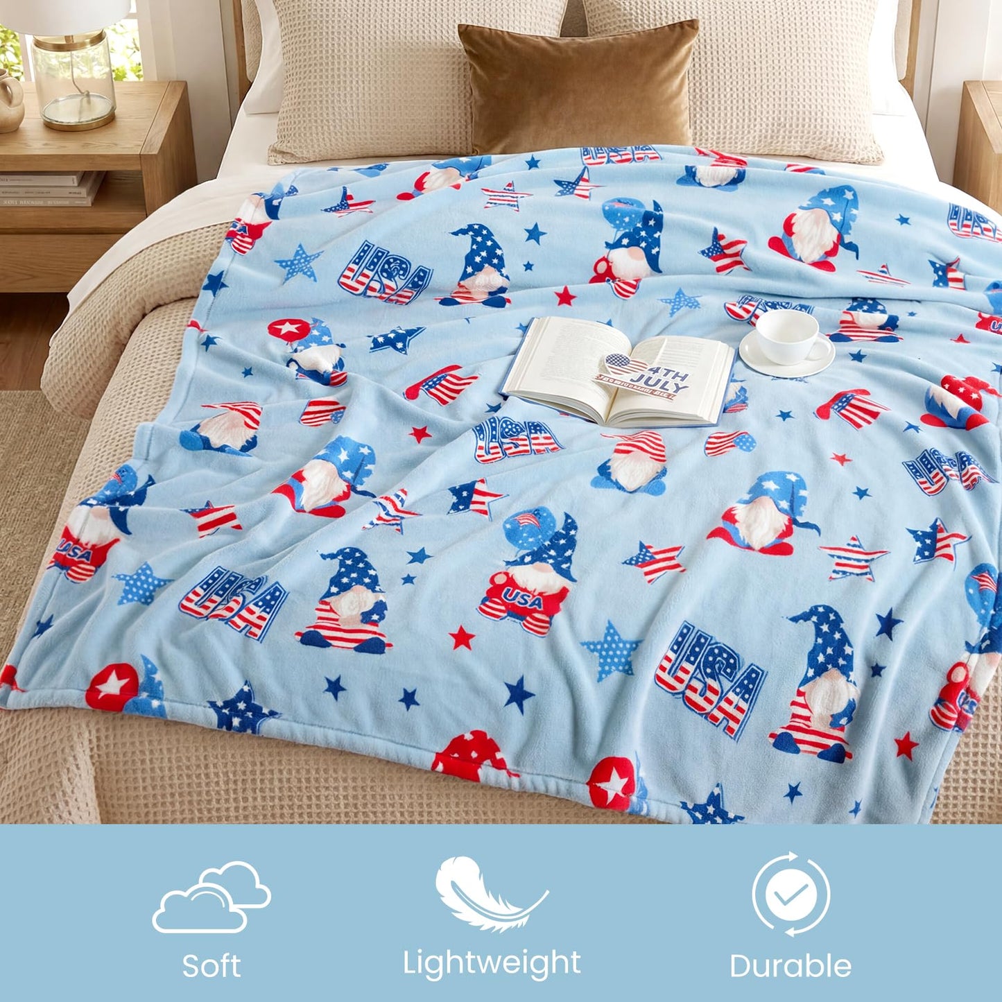 Cozy Bliss Gnome Patriotic Throw Blanket - 4th of July Warm MilkyPlush Throw Blankets,Ultra Soft Cozy Blankets for Couch,Sofa and Bed,Blue,50"x60"