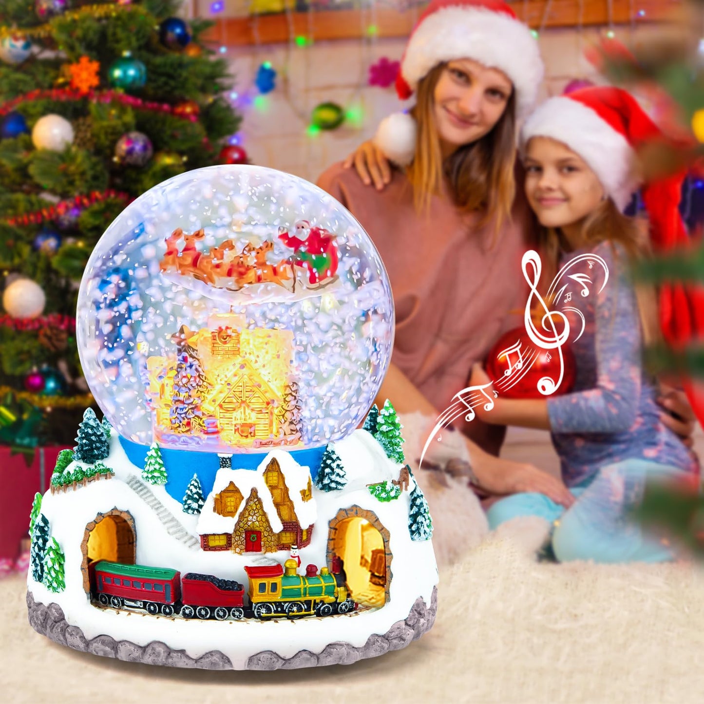 Musical Rotating Santa Claus Flying Over Village,Automatic Snowfall,Train, Christmas Snow Globe Music Box Gifts, for Women Wife Mom Girlfriend Daughter, Xmas Present,Plays 48 Classic Christmas Carols