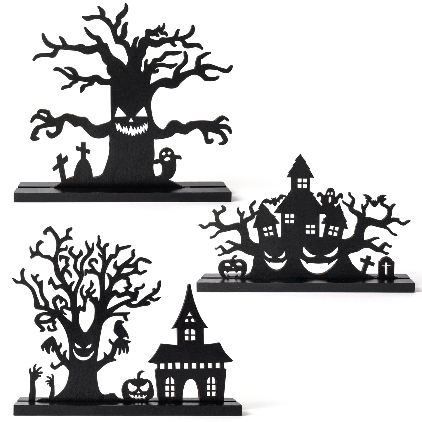 WATINC Halloween Wooden Centerpiece Decoration - 3Pcs Silhouette Haunted House Tree Wood Tabletop Decor, Black Sketch Horror Pumpkin Boo Detachable Tiered Tray Sign Table Topper for Home Kitchen Party