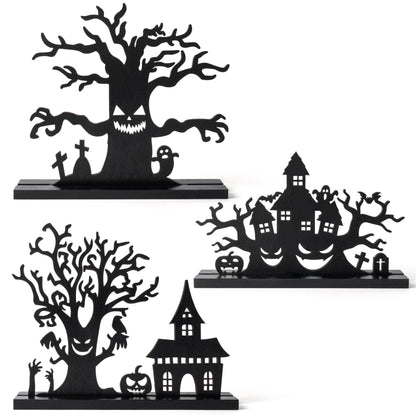 WATINC Halloween Wooden Centerpiece Decoration - 3Pcs Silhouette Haunted House Tree Wood Tabletop Decor, Black Sketch Horror Pumpkin Boo Detachable Tiered Tray Sign Table Topper for Home Kitchen Party