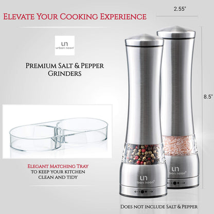 Salt and Pepper Grinder Set - Large Capacity Stainless Steel Pepper Grinder and Salt Grinder with Tray in Luxurious Gift-Box - Manual Mills with Ceramic Grinders and Adjustable Coarseness (Set of 2)