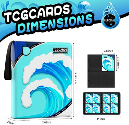 Trading Card Binder 4 Pocket,400 Pocket Card Collection Binder with 50 Removable Sleeves,PU Waterproof Top Card Book,3-Ring Zipper Collectible Trading Card Album for MTG/TCG/Card Holder Gift（Water）
