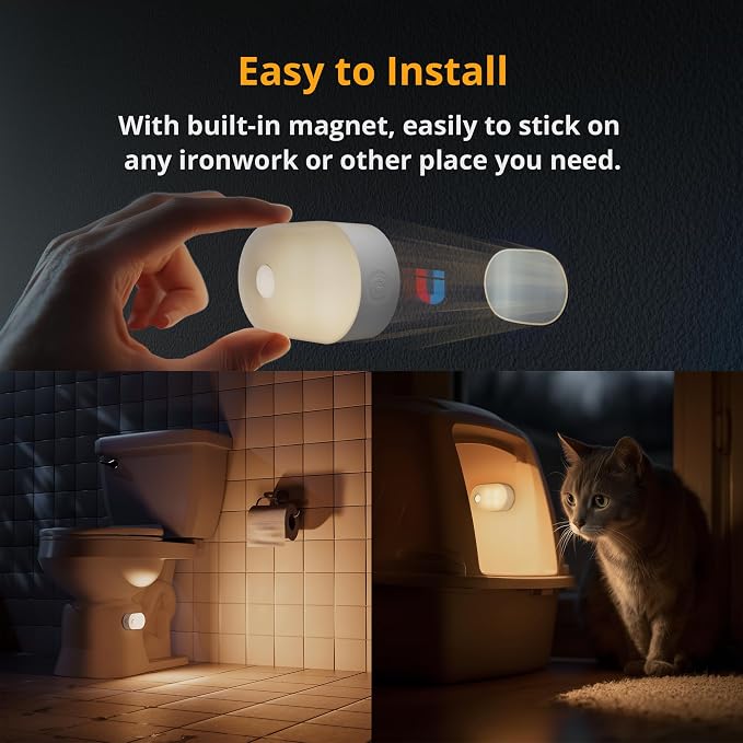 Lyridz Rechargeable Battery Night Light with Motion Sensor, Portable Mini Warm White LED Stick-on Closet Light, Adjustable Brightness for Bathroom, Bedroom, Kitchen, Cabinet, Stairs, Hallway, 2-Pack