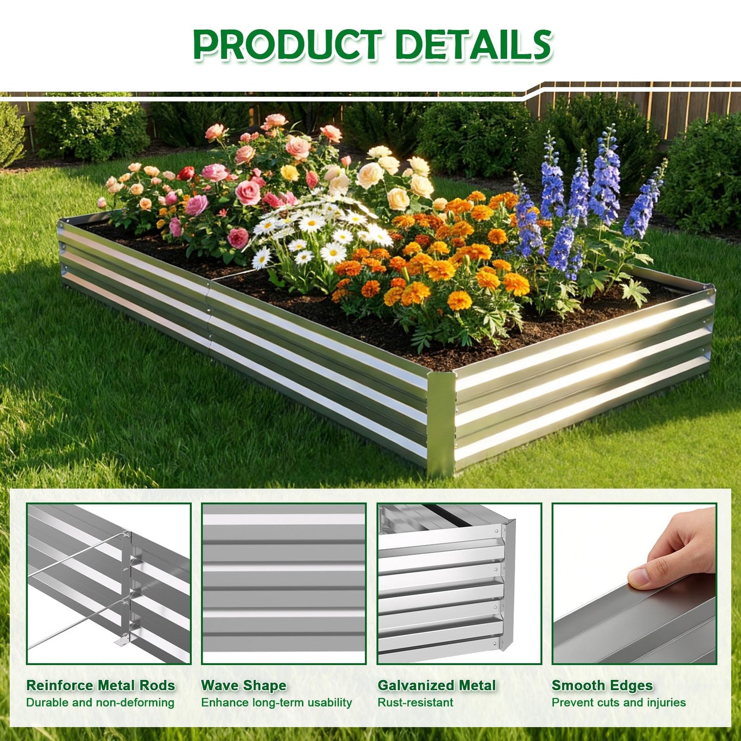 Tegarbed 12x4x1FT Galvanized Raised Garden Bed Outdoor Patio, Large Rectangular Metal Planter Boxes,Plant Container Kit for Gardening, Vegetables, Flowers, Herbs,Silver,1 Pack