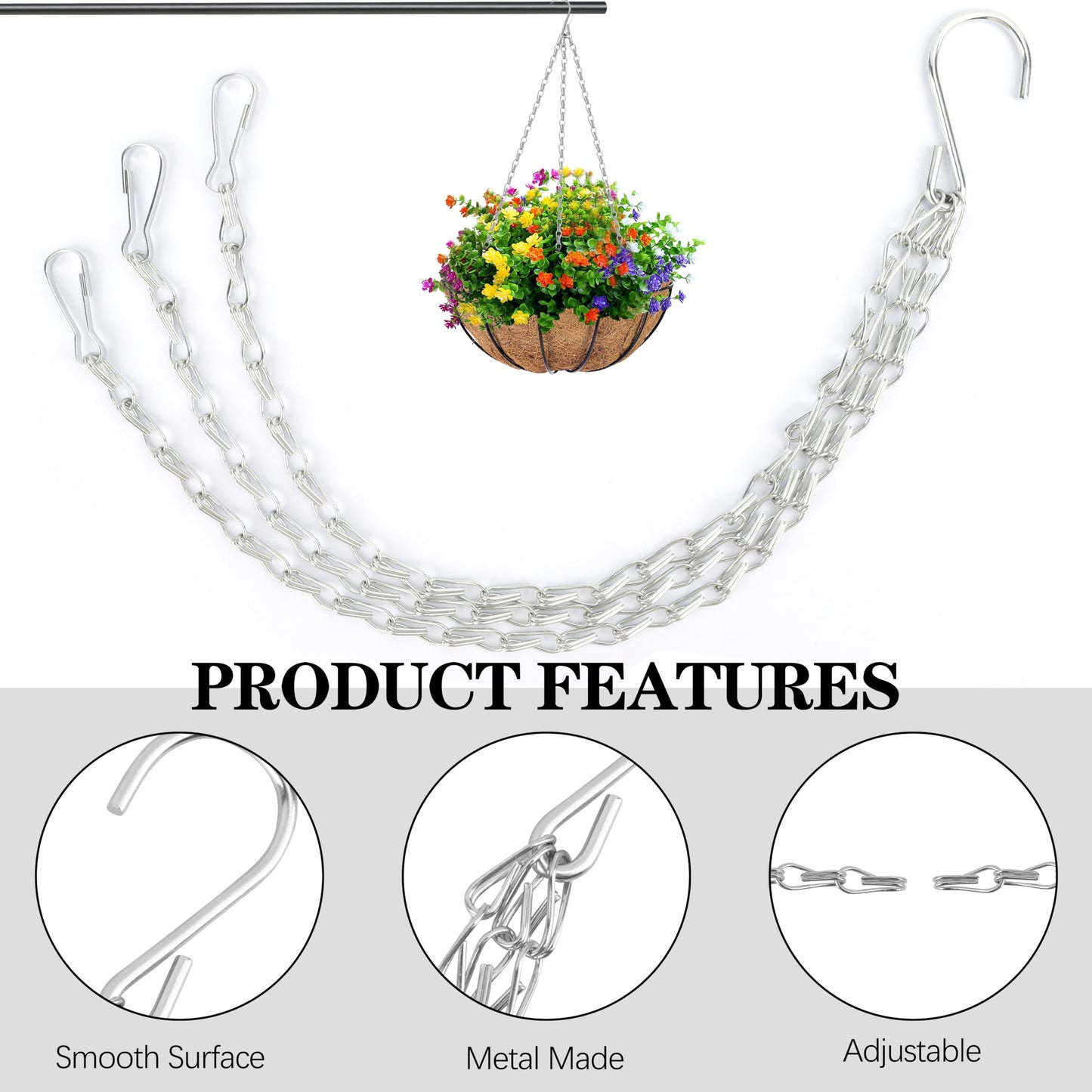 Hanging Basket Chain, 3 Pack 16 Inch Chain for Hanging Plants, Silver Plant Chains for Hanging Baskets, 3 Leads Hanging Chain with Hooks for Flower Pots Basket Bird Feeders Sign Wind Chime Billboards