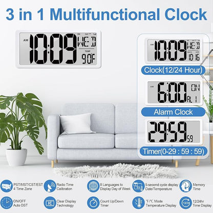18.6" Extra Large Amotic Digital Wall Clock Battery Operated Alarm Clock with Day Date & Temperature Jumbo LCD Display Clock for Wall Bedroom Living Room Classroom Home Office