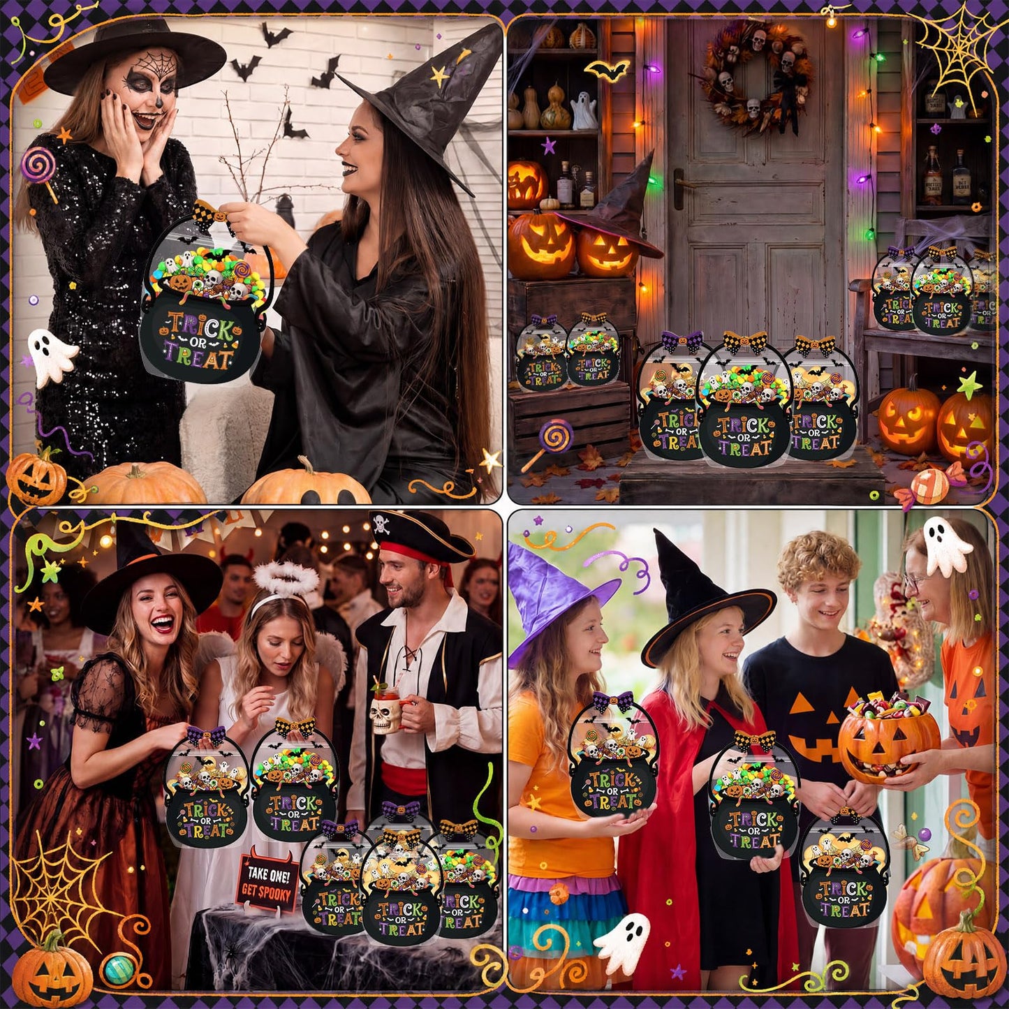 Fuutreo 50 Pcs Halloween Plastic Bags Clear Witch Cauldron Sealed Gift Pouches with Handles Resealable Scary Holiday Favor Bags for Halloween Holiday Party Candy Gift Wrapping Supplies Decoration