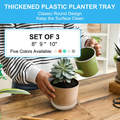 PATIKIL Plant Saucer Tray, 3 Pack 8/9/11 Inch Plastic Round Plant Saucer Flower Planter Drip Tray for Indoors Outdoors Patio Balcony, Beige