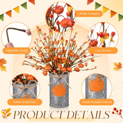 SiliFine Fall Thanksgiving Table Centerpiece Decoration Fall Artificial Flower Stems Pumpkin Shaped Berry Picks with Metal Vase Pot for Autumn Farmhouse Office Home Dining Table Decor