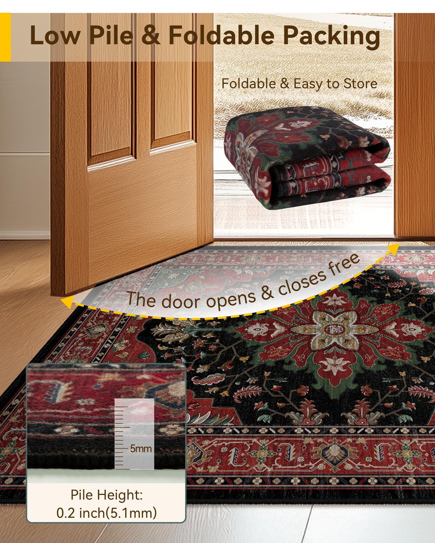 RELEANY Area Rugs 5'x7' Washable Non-Slip, Floral Vintage Distress Medallion Carpet for Living Room Bedroom Dining Room, Red Black