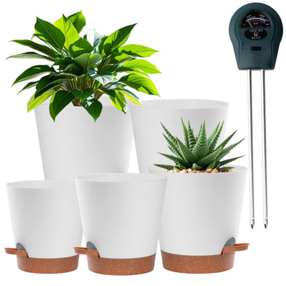 Self-Watering Plant Pots Set of 5 - 7", 6.5", 6.02", 5.55", 5.08" Draining Pots for Indoor and Outdoor plants with Drainage Holes, Soil Moisture Indicator & Saucer Reservoir - Modern White Design
