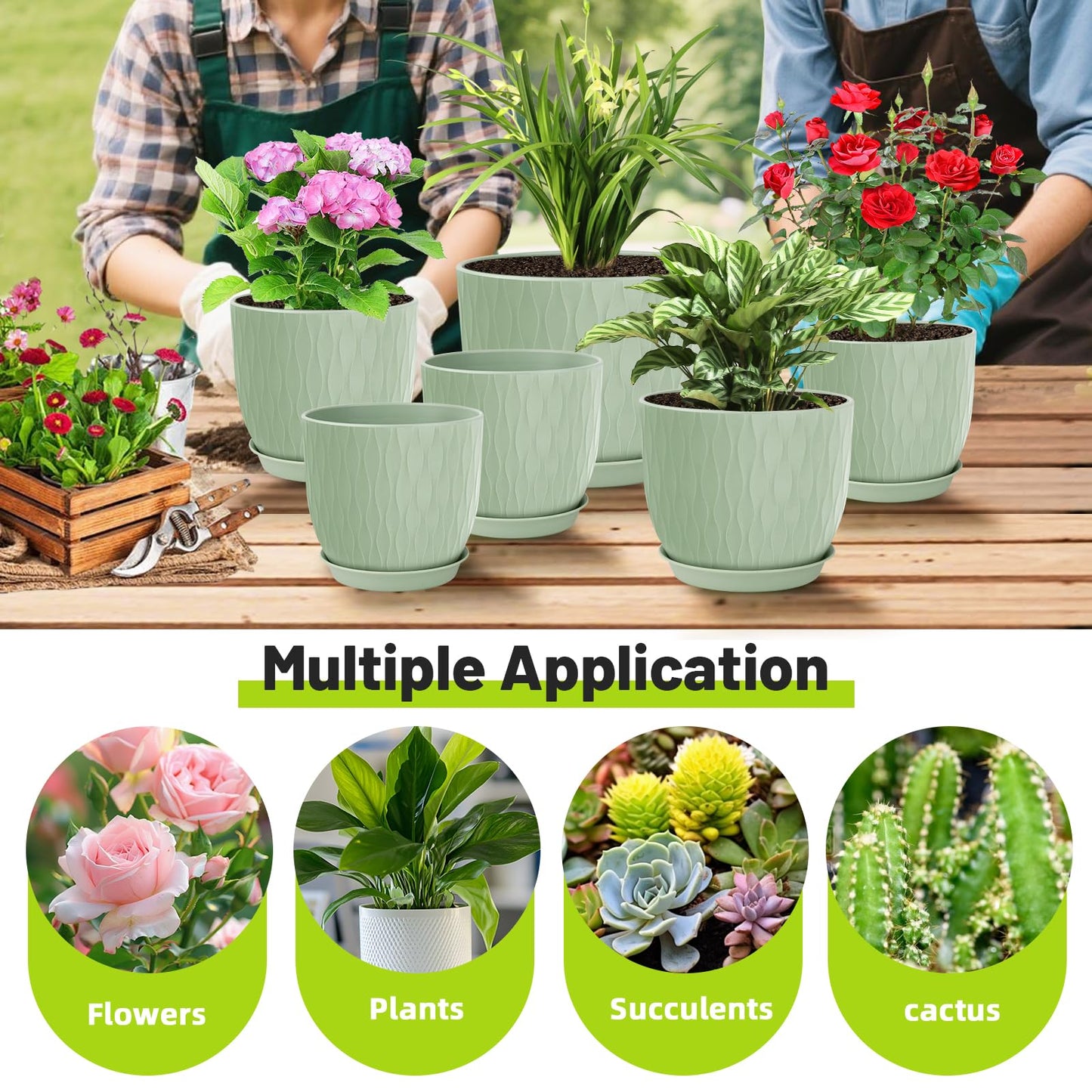 LESOASIS Plastic Plant Pots 10/9/8/7.5/7 inch Set of 5, Flower Planters with Drainage Holes and Saucers, Plastic Pots for Indoor Outdoor Plants, Livingroom Garden Decor (Green)