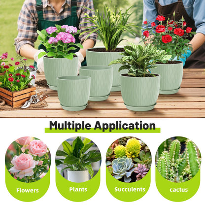 LESOASIS Plastic Plant Pots 10/9/8/7.5/7 inch Set of 5, Flower Planters with Drainage Holes and Saucers, Plastic Pots for Indoor Outdoor Plants, Livingroom Garden Decor (Green)