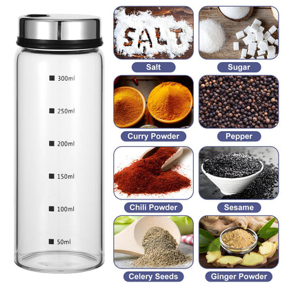 Kifmurase 4Pcs Salt Pepper Shakers with Adjustable Outlet Holes, 4 Sizes Clear Glass Shaker Bottles, Salt Shakers for Kitchen, Spice Seasoning Cans for Kitchen Decor Home Restaurant BBQ Camping