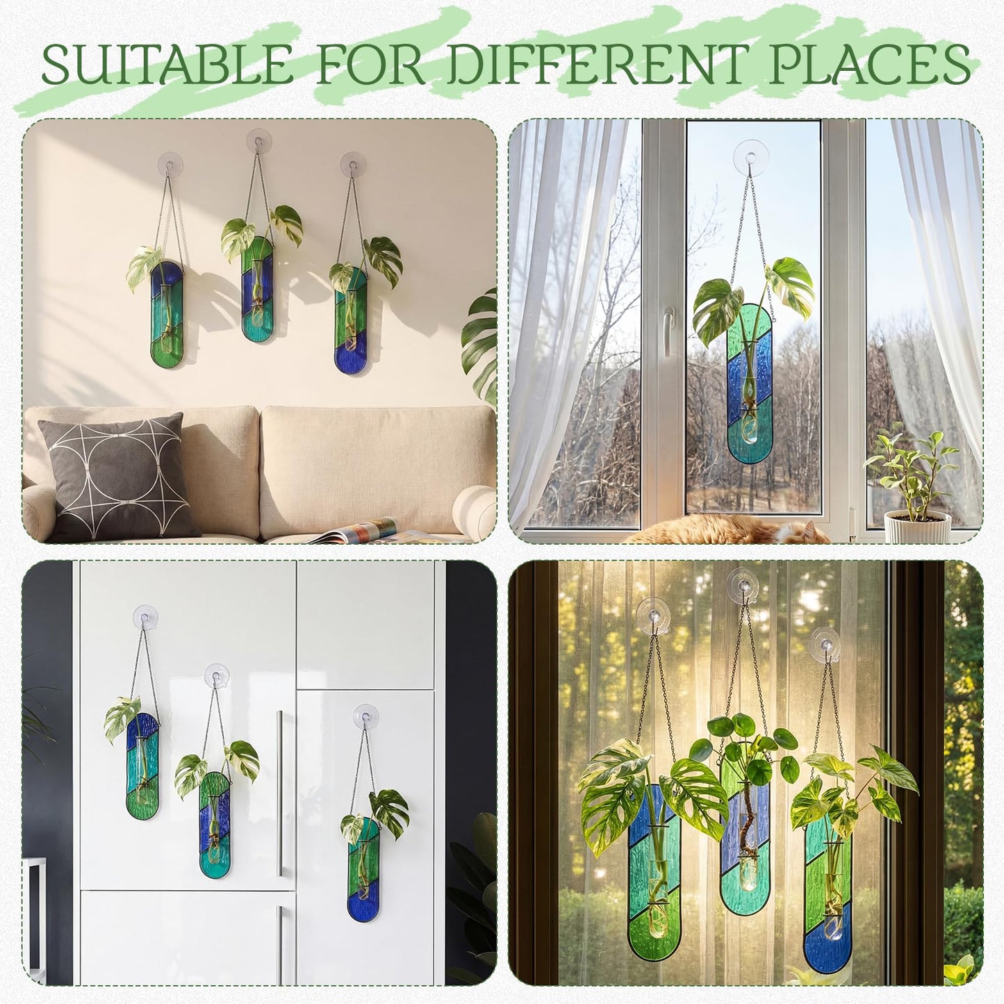 Hushee 3 Pcs Stained Glass Plant Propagation Station Hanging Window Propagation Station Planters with Glass Tubes Hydroponic Planter Terrarium Holder Window Decor for Indoor Home Garden Decor