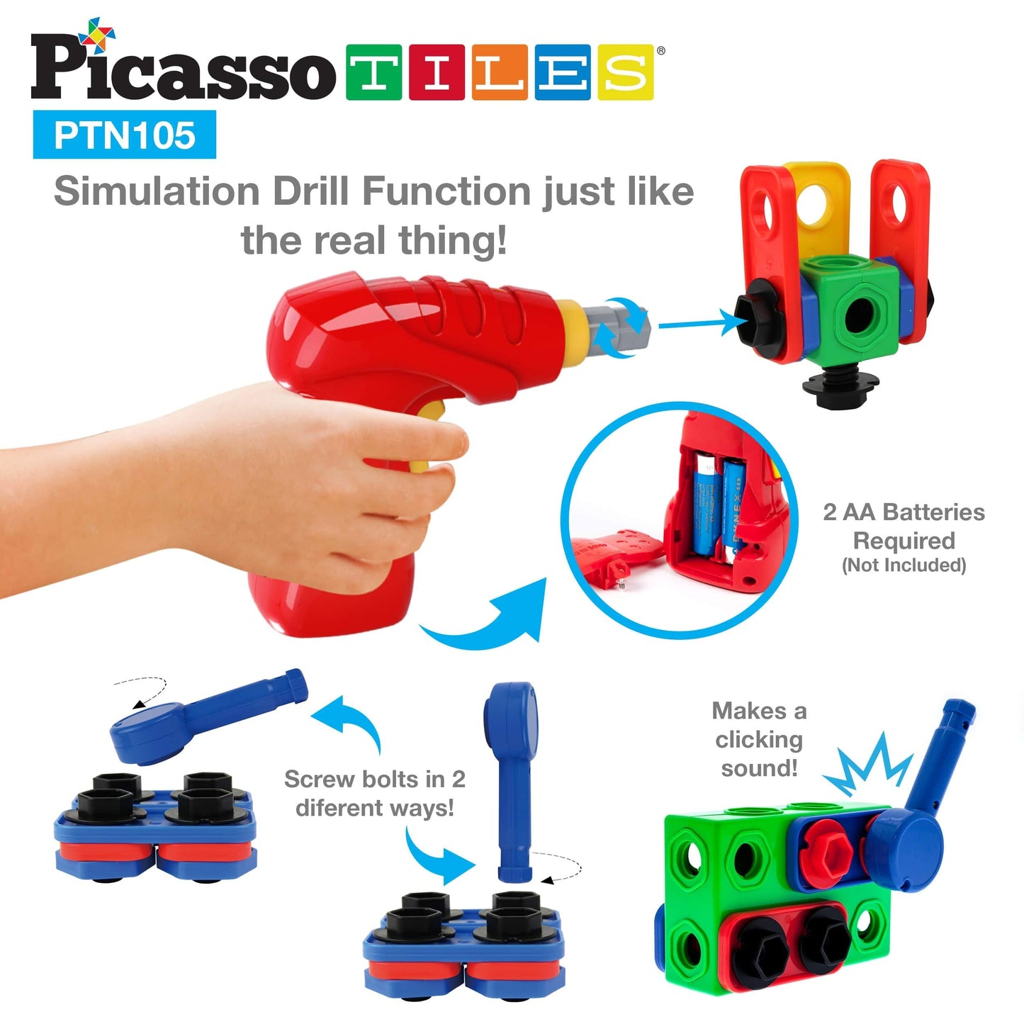 PicassoTiles STEM Learning Toys 105 Piece Building Block Set Kids Construction Engineering Kit Toy Blocks Children Early Education Playset w/IdeaBook, Power Drill, Clickable Ratchet, Age 3+ PTN105
