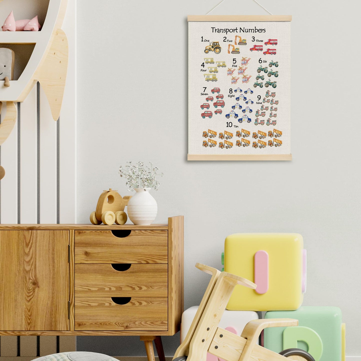 MOTERMATE Transport Number Wall Art Poster Chart, Playroom Decor, Preschool Learning Educational Canvas Poster Hanger Frame for Toddlers Classroom, Car Themed Wall Hanging Banner Decor, 12x16 Inch