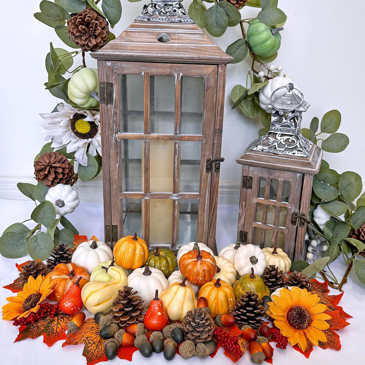 Winlyn 60 Pcs Assorted Small Artificial Pumpkins and Gourds with Acorns Pinecones Maple Leaves Sunflowers Fall Harvest Decoration Set for Thanksgiving Halloween Bowl Filler Table Centerpiece Wreaths