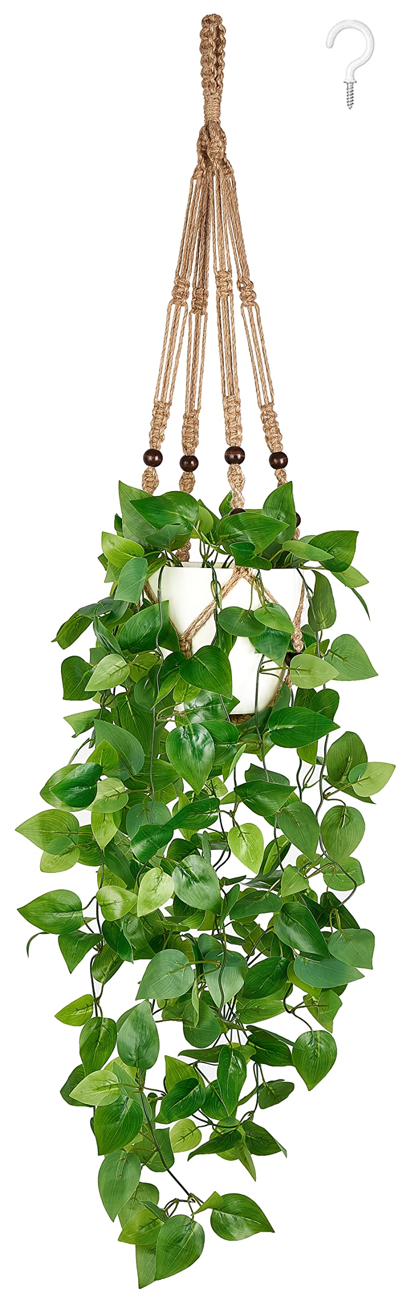 Mkono Fake Hanging Plant with Pot, Artificial Plants for Home Spring Decor Indoor Macrame Plant Hanger with Faux Vine Hanging Planter Greenery for Bedroom Bathroom Kitchen Office, Brown (Pothos)