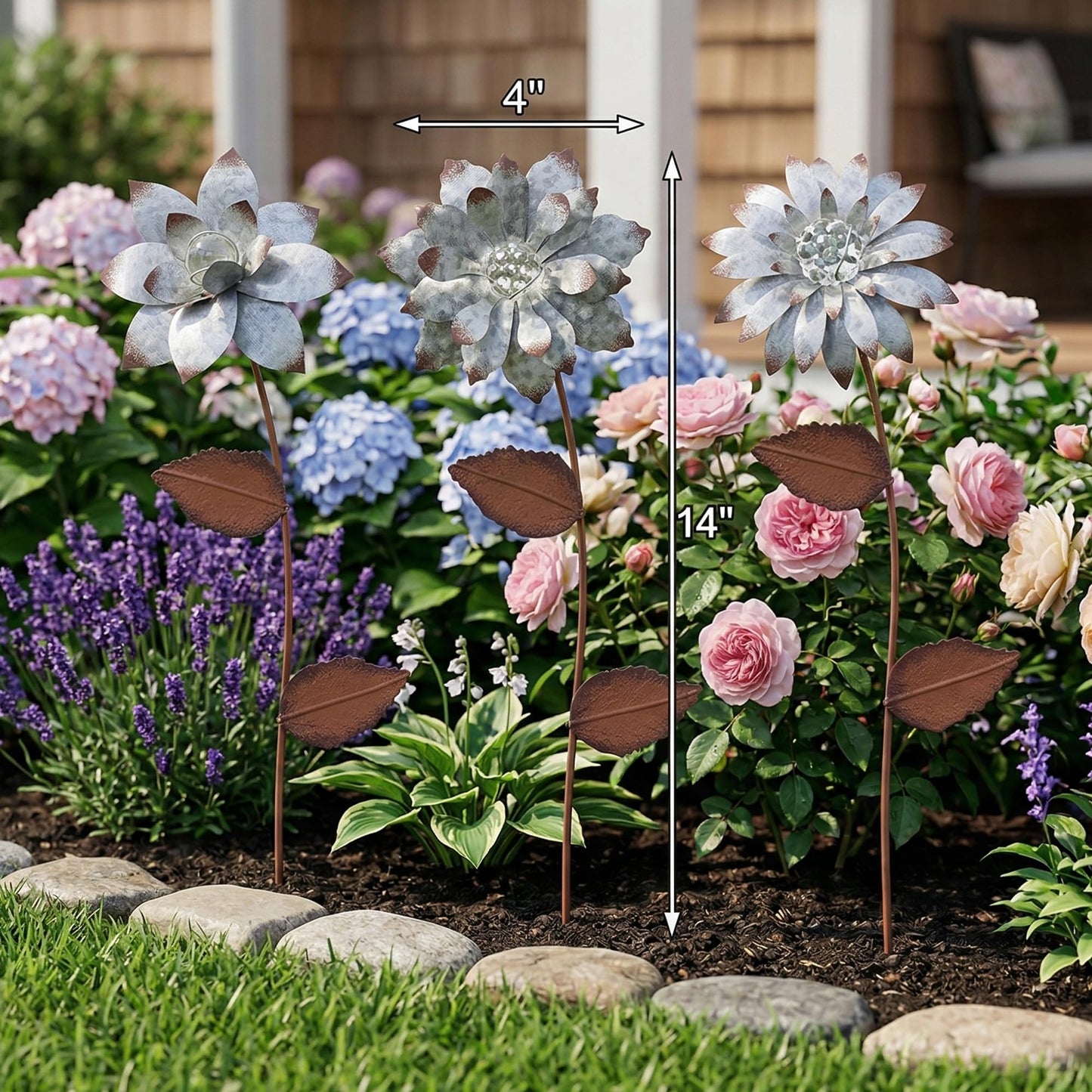 Topadorn 3-Pack Glow-in-the-Dark Metal Flower Garden Stakes, 14" Weatherproof Outdoor Plant Picks, Rustic Yard Art for Lawn & Patio