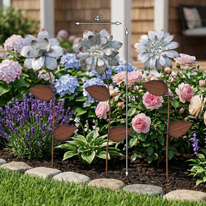 Topadorn 3-Pack Glow-in-the-Dark Metal Flower Garden Stakes, 14" Weatherproof Outdoor Plant Picks, Rustic Yard Art for Lawn & Patio