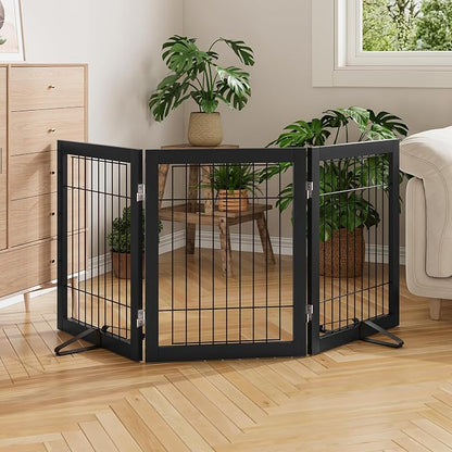 Semiocthome Freestanding Dog Gates and Barriers Indoor Pet Gates for Doorways and Stairs 24"H- 3 Panels Puppy Gate with 2 Metals Stands Adjustable Safety Fence Wire Dog Gate with Bamboo Frame - Black