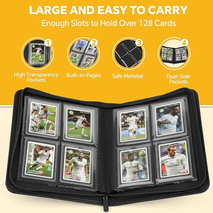 Toploader Binder,Toploader Hard Cases, 4-Pocket Pages Sleeves Hold up 128 Cards.Toploader Card Binder with Sleeves for “3×4” rigid，Card Holder(Blackish Green)