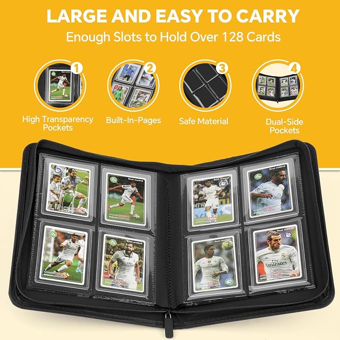 Toploader Binder, 4 Pocket Trading Card Binder Holds 128 Top Loaders, Premium Zipper Card Storage Case with Double-Sided Pockets for 3x4'' Toploaders, TCG, MTG, Sports Cards.(light blue)