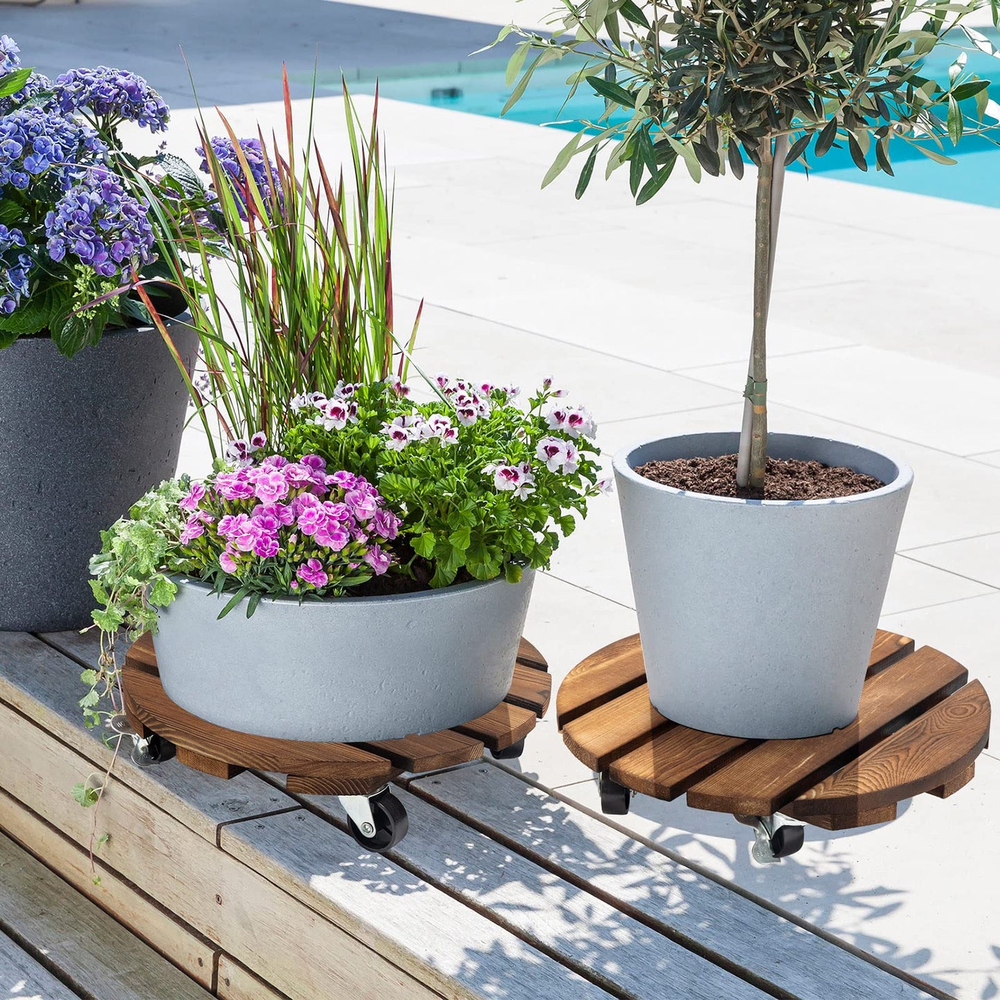 Yangbaga 2pack Plant Caddy 12’’Wood Duty Rolling Plant Stand with 2 360° Lockable Caster Wheels,Indoor Outdoor on Roller Patio/Flower Pot/Succulent Pots
