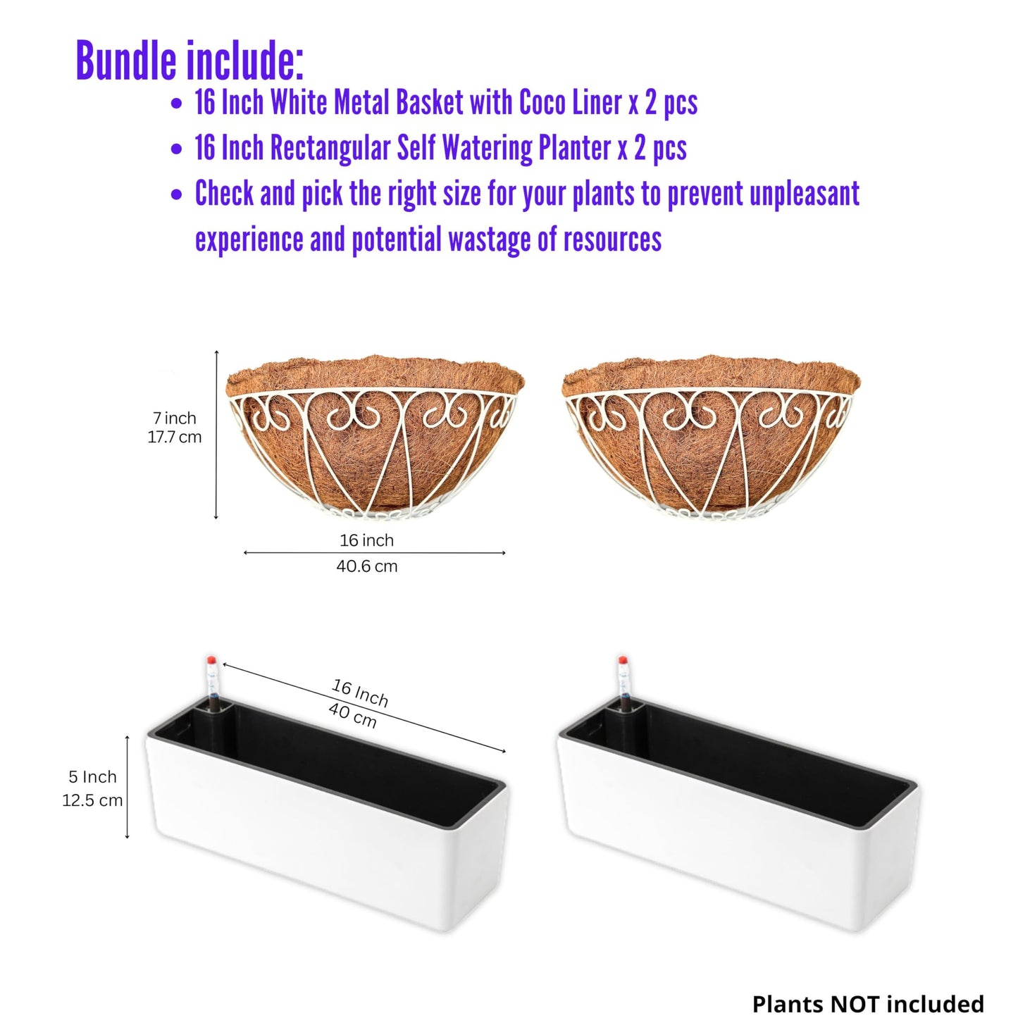 LaLaGreen Bundle- 2 Pack, 16 Inch Rectangular Self Watering Planter + 2 Pack, 16 Inch Hanging Metal Wire Basket with Coco Liner Modern Wall Flower Plant Herb Holder Porch Balcony Windowsill Box Indoor