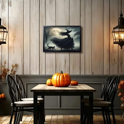 wanyun Dark Witch Wall Art Canvas Framed Poster Print Picture, Gothic Moonlight Witch Artwork Oil Painting, Spooky Halloween Horror Wall Decor for Bedroom Living Room Home Office Decor 16x24 Inch