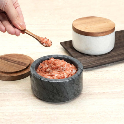 seicasaya Marble Salt Cellar with Acacia Wood Lid and Spoon – 4-inch Salt Box with Spoon Slot, Kitchen Spice Container for Salt, Sugar, or Spices (White)