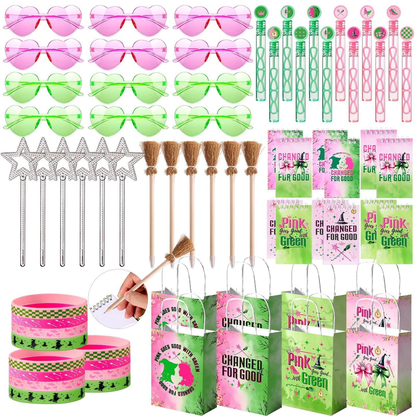 Vanblue 72Pcs Pink and Green Witch Party Favors Birthday Decorations,Star Wands,Glasses Goodie Bag Stuffers Pinata,Classroom Rewards for Kids Student Birthday Gift School Party Supplies