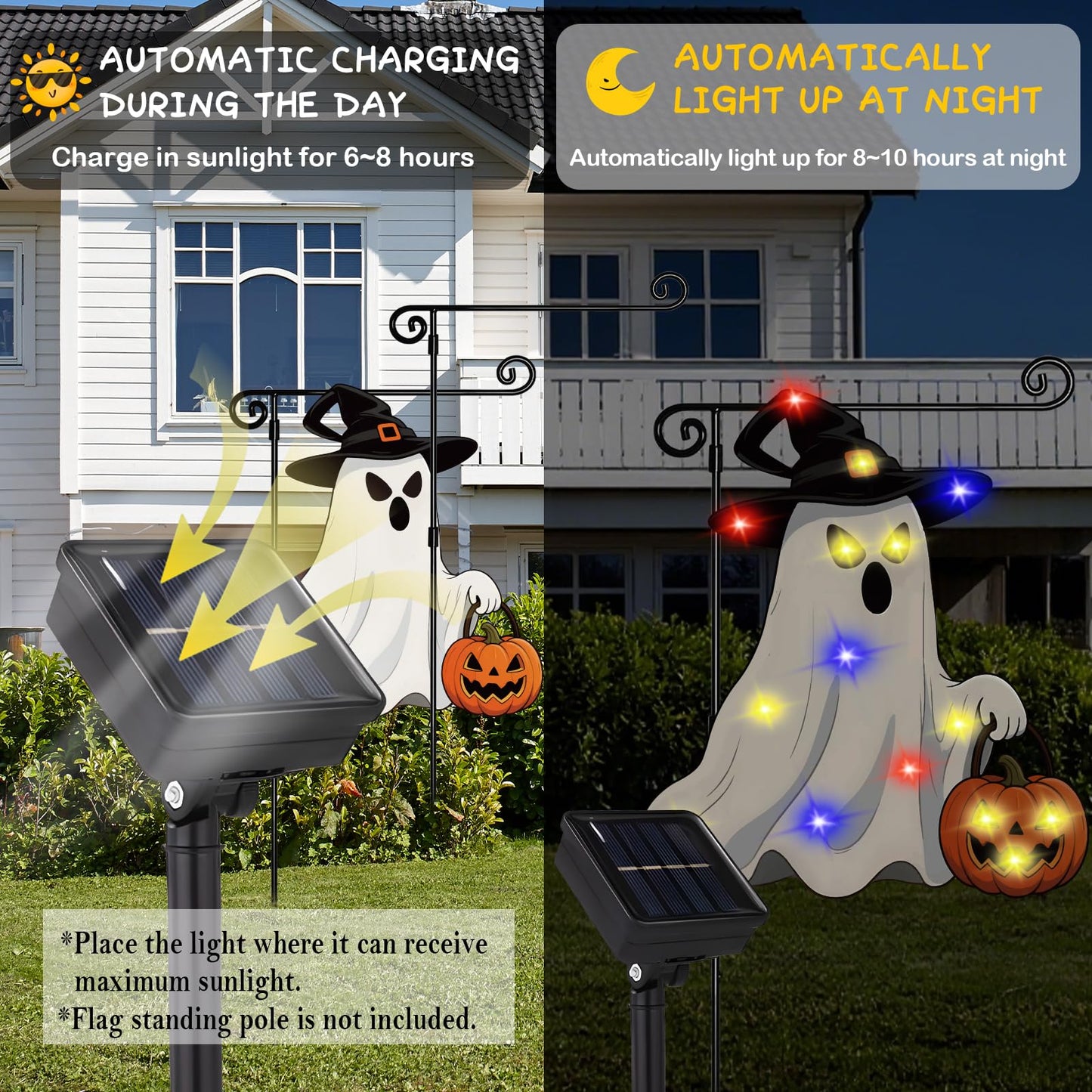 GOAUS Halloween Garden Flag Solar Lighted, Witch Ghost Decorations Outdoor, Double Sided Oxford Decorative Flag for Lawn Yard Outside Decor, 12x18 Inches