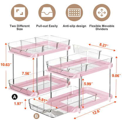 Delamu 2-Tier Multi-Purpose Bathroom Under Sink Organizers and Storage, Stackable Kitchen Pantry Organization, Pull Out Medicine Cabinet Organizer with Movable Dividers, White, 2 Pack