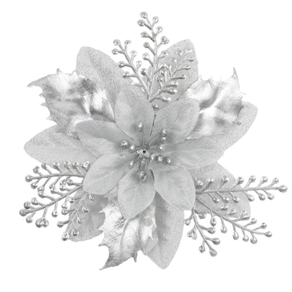 Christmas Tree Decorations 6“ Glitter Poinsettia Flowers - 24 Pcs Christmas Artificial Flowers for Tree Ornaments with Clips, Festive Decorations for Wreath, Mantel & Home Christmas Decor, Sliver