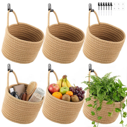kenaeooe 6 PCS Wall Hanging Basket Set Handwoven Cotton Rope Hanging Fruit Basket Organizer with Hooks Boho Decorative Storage Bins for Home Kitchen Office Door Wall