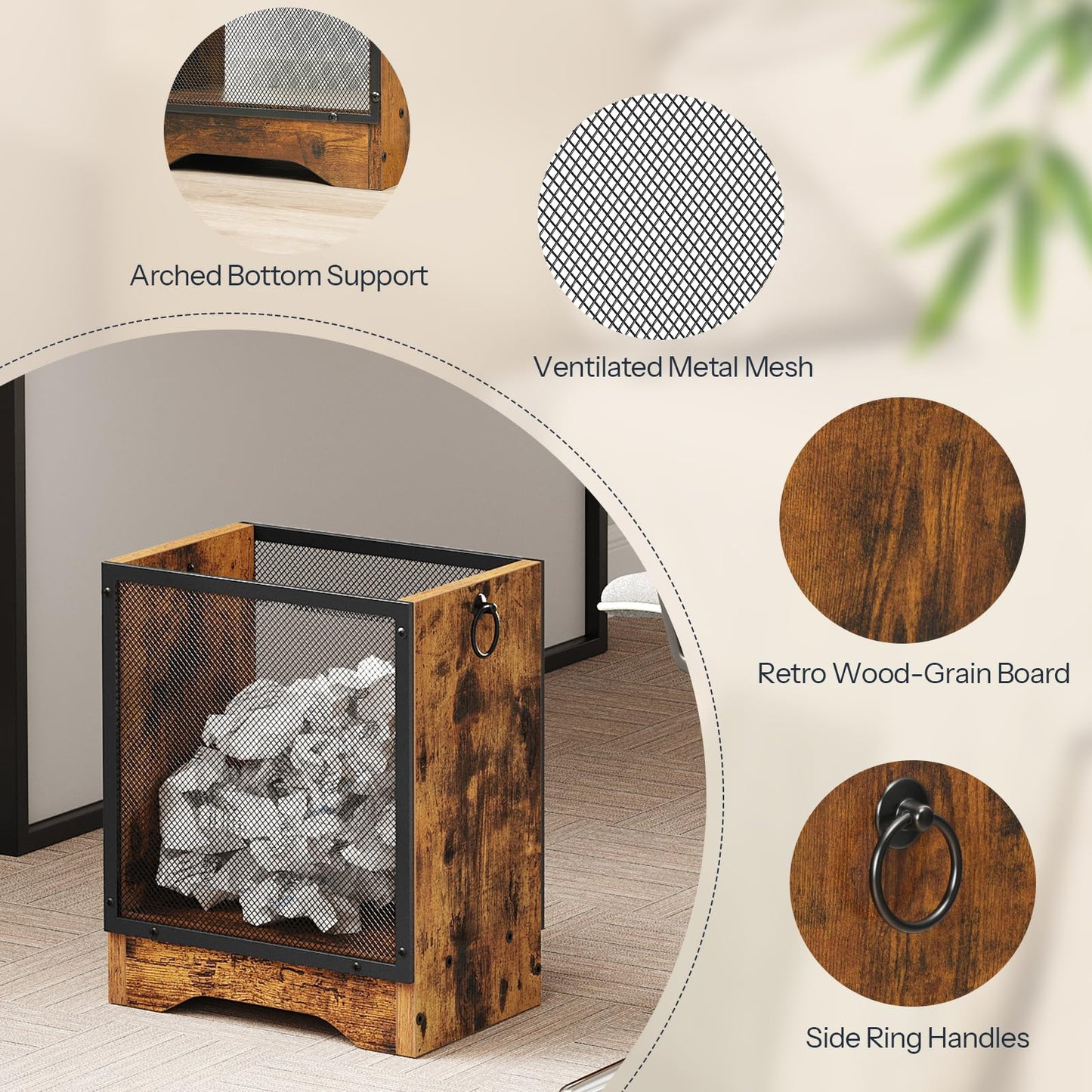 HOOBRO Retro Industrial Trash Can, 4.5 Gallon Metal Mesh Waste Basket with Wooden Base, Small Garbage Can for Office, Bedroom, Under Desk, Rustic Brown and Black, BF06LJ01