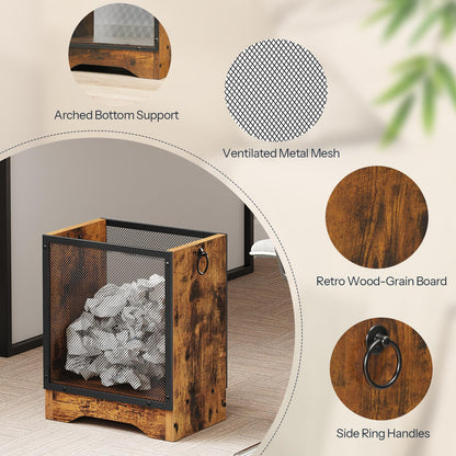 HOOBRO Retro Industrial Trash Can, 4.5 Gallon Metal Mesh Waste Basket with Wooden Base, Small Garbage Can for Office, Bedroom, Under Desk, Rustic Brown and Black, BF06LJ01