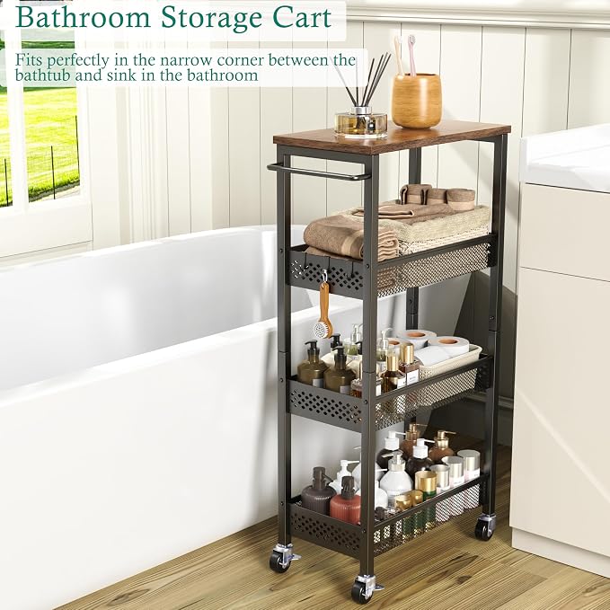 XYZLVSI Slim Storage Cart 4 Tier Fruit and Vegetable Baskets for Kitchen Small Space, Narrow Laundry Cart on Wheels with Wooden Top and Metal Handle for Pantry, Bathroom, Laundry Room