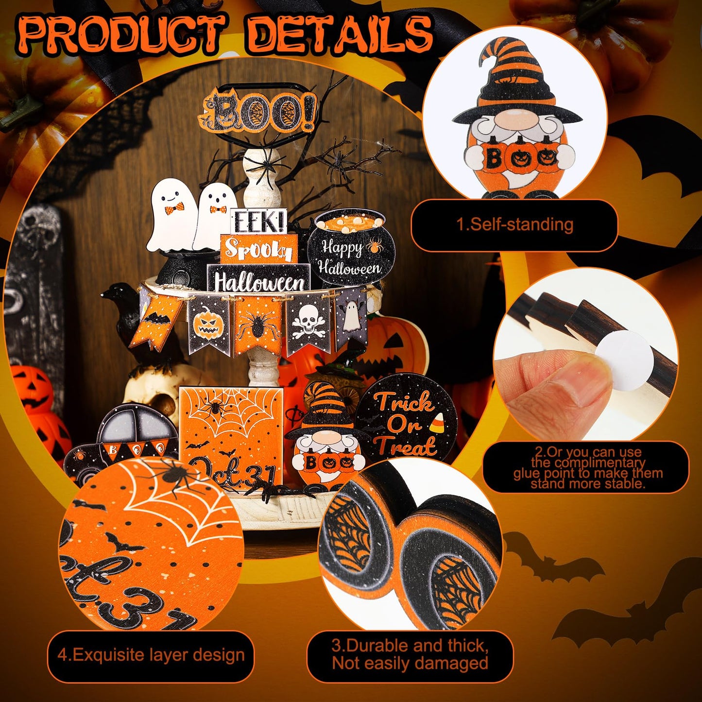 Thyle 15 Pcs Halloween Tiered Tray Decor Set Cute Halloween Wooden Signs Black and Orange Tray Signs Happy Halloween Wooden Signs Ghost Wooden Block Halloween Decor for Home
