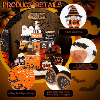Thyle 15 Pcs Halloween Tiered Tray Decor Set Cute Halloween Wooden Signs Black and Orange Tray Signs Happy Halloween Wooden Signs Ghost Wooden Block Halloween Decor for Home