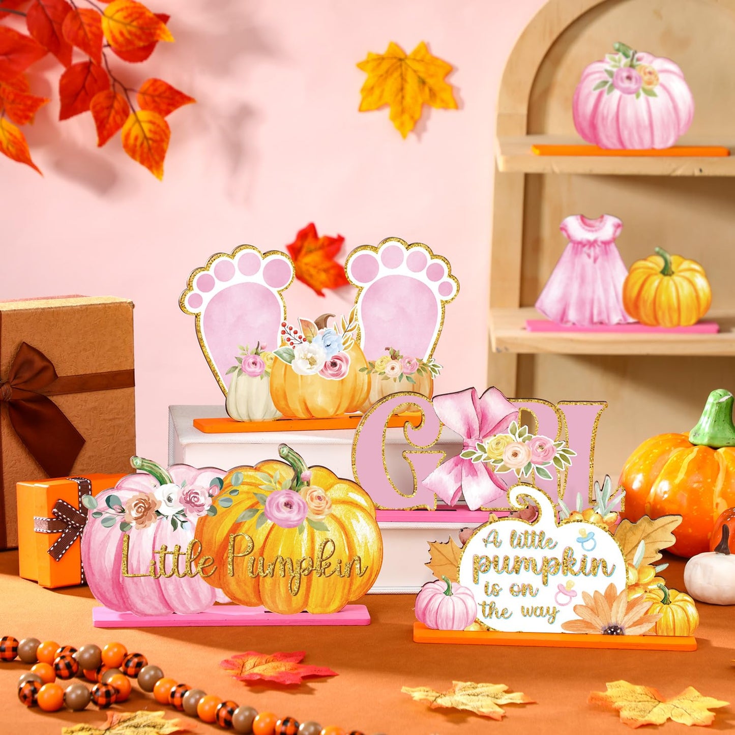 6 Pcs Thanksgiving Fall Little Pumpkin Baby Shower Decoration for Girl Wooden Thanksgiving Baby Shower Table Centerpieces a Little Pumpkin Is on The Way Table Decor Maple Tabletop for Party Supplies