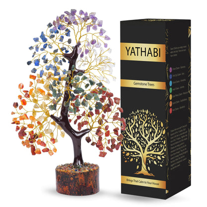 YATHABI 7 Chakra Tree of Life Decor - Crystal Tree - Feng Shui Decor - Crystal Bonsai Tree - Gem Tree - Gemstone and Crystals - Spiritual Tree - Chakra Stones - Crystal Gifts - Birthday Gift for Women