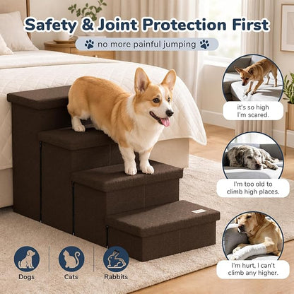 4-Step Wide Dog Stairs with Storage 23" H, Non-Slip Sturdy Pet Steps for High Bed Couch Window, Pet Stairs for Small/Medium/Large Old Dogs Cats Up to 220lbs, Cat Dog Steps for Car/SUV, Coffee