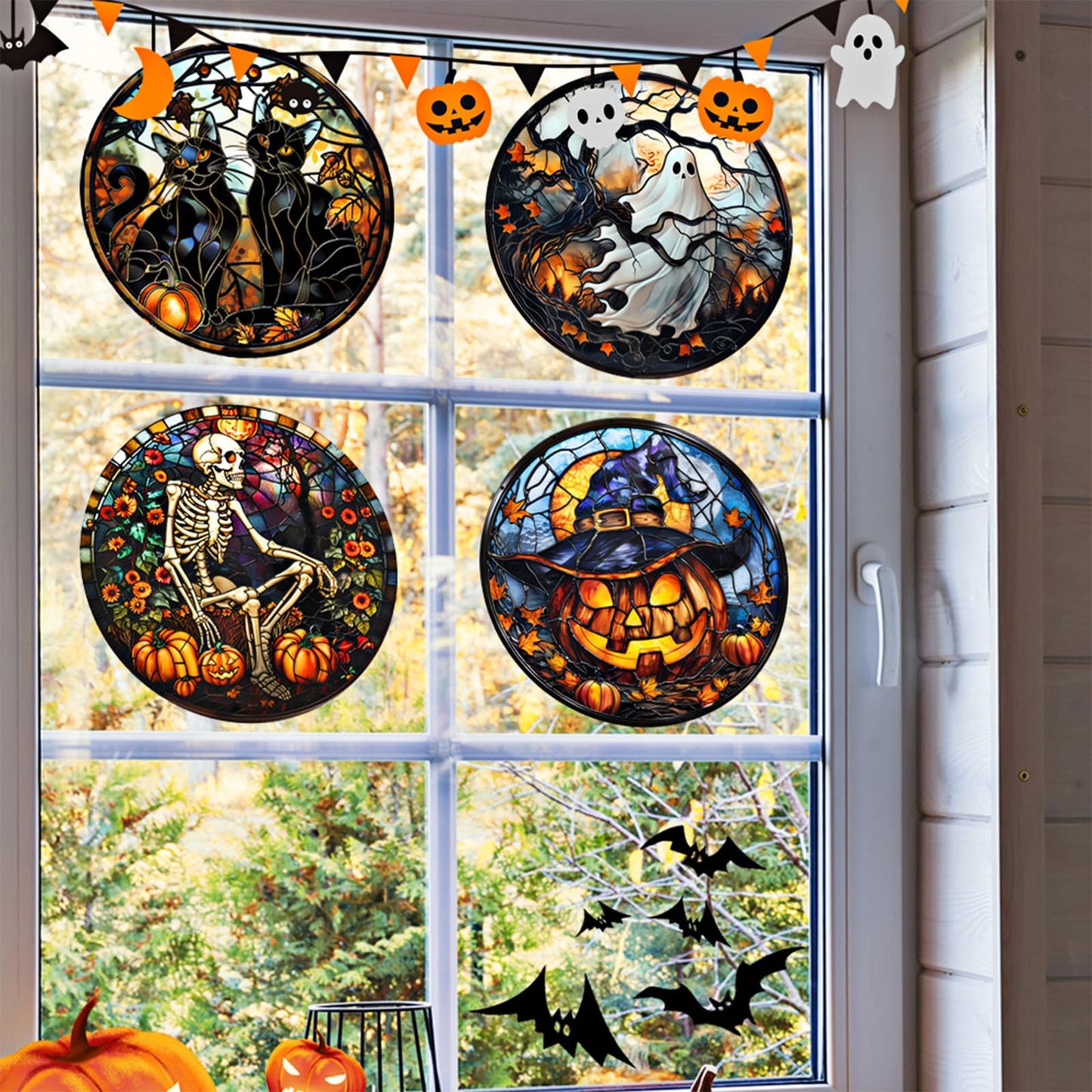 WBQMUNY 4 Styles Halloween Window Stickers,Black Cat Bat Pumpkin Witch Window Clings Decals for Halloween Party Decoration Glass Window Indoor and Outdoor Home Decor (SMJD058)