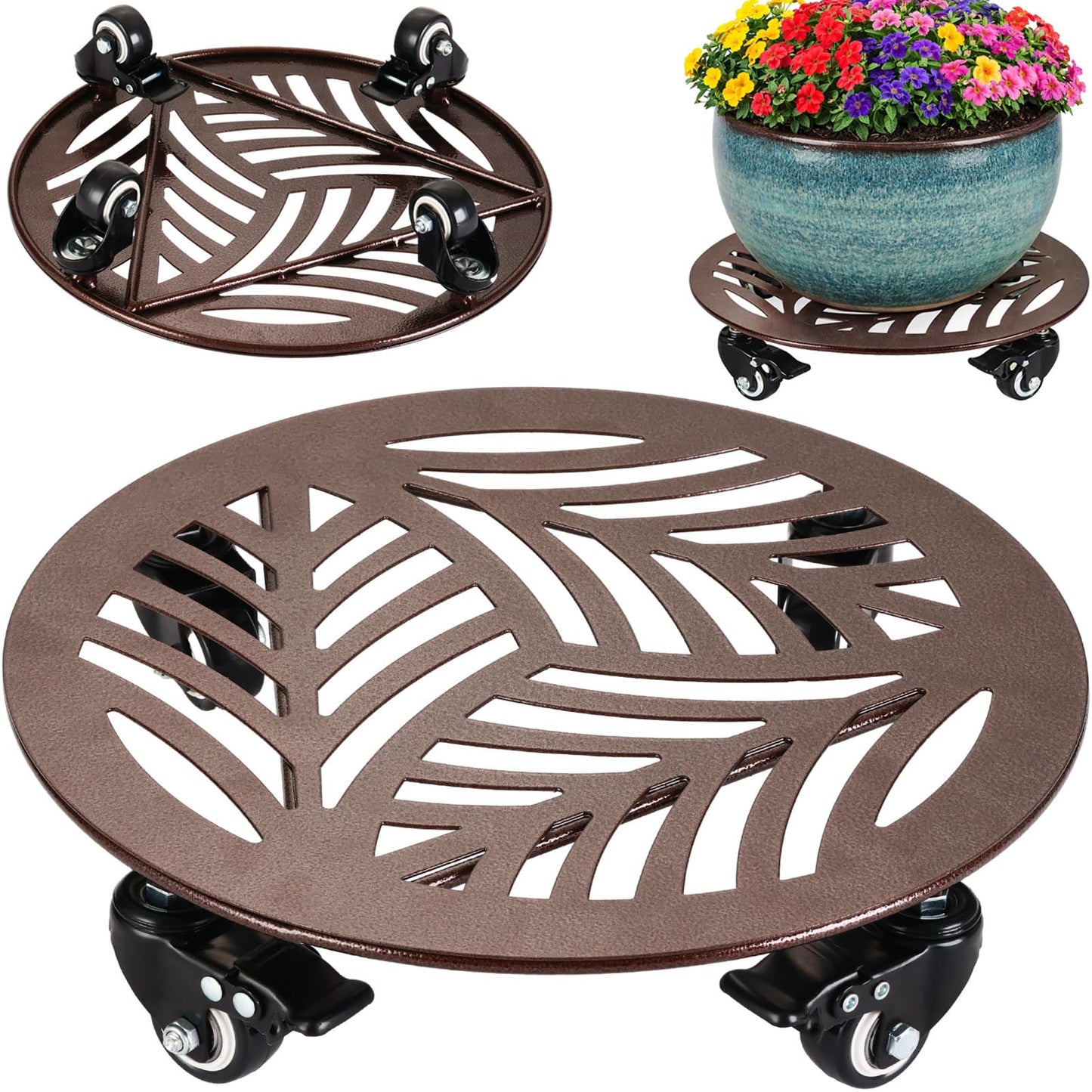 1-Pack Large Metal Plant Caddy with Wheels 13.6 Inches Heavy-duty Rolling Plant Stands with Casters Wheeled Flower Pot Mover Rollers Rust-proof Iron Planter Dolly Coasters for Indoor Outdoor Use
